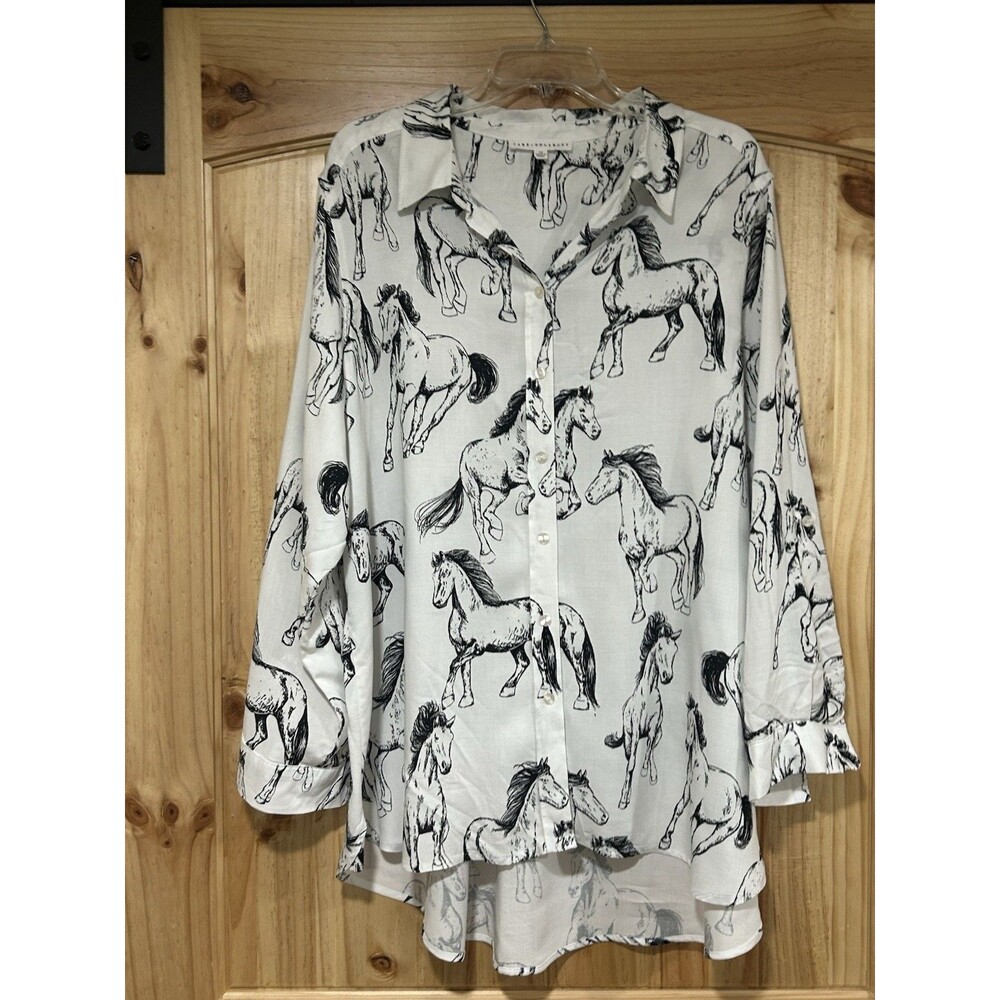 Jane & Delancey Horse Print Blouse Button Up Cowgirl Equestrian Western Size XL